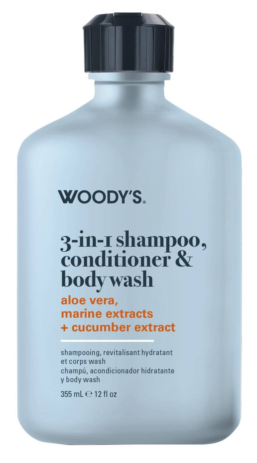 WOODY'S 3-IN-1 SHAM & COND & BODY WASH 12 OZ